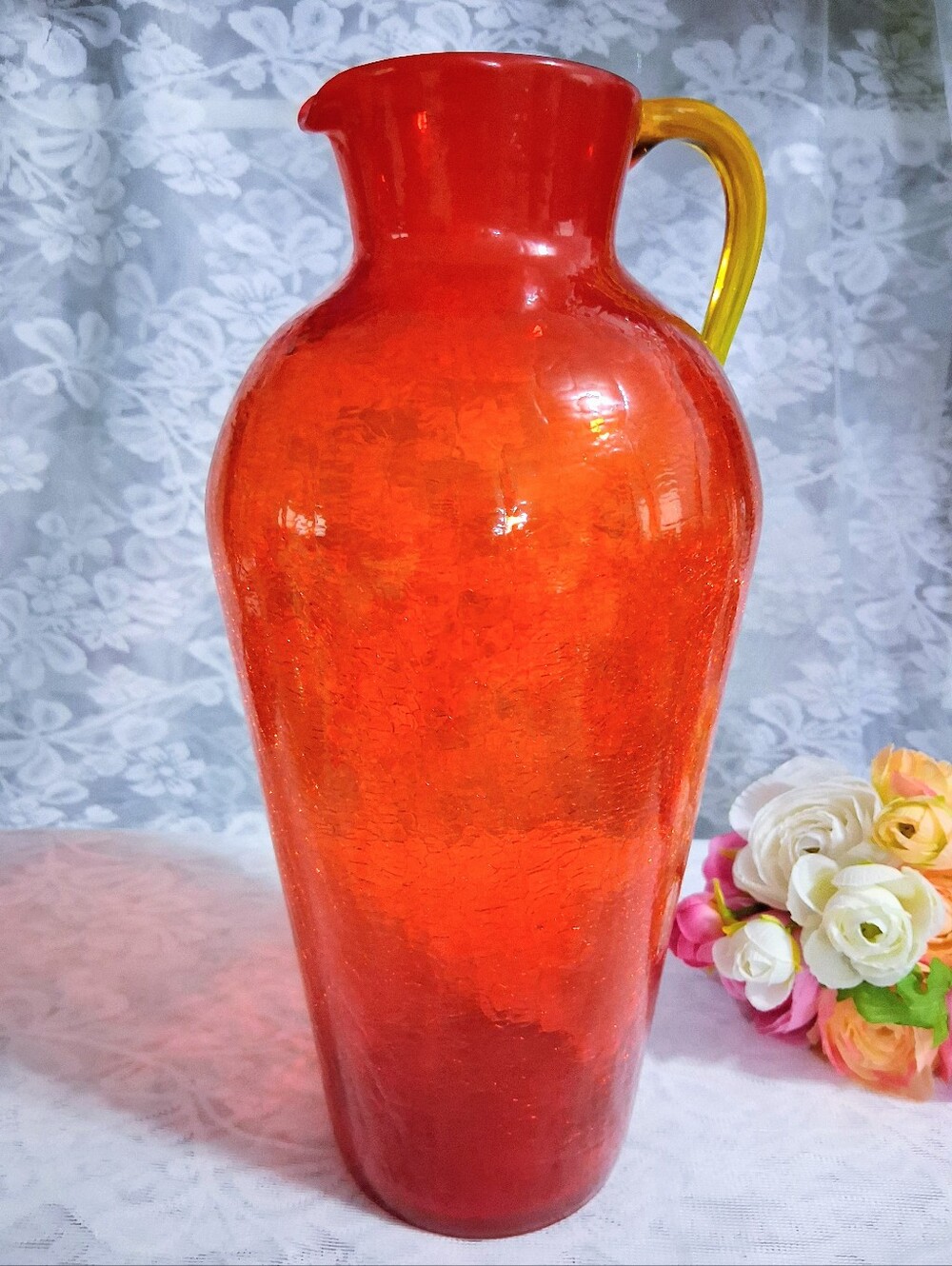 Vintage Large Pilgrim Tangerine Orange Crackle Glass Pitcher Ewer 13” UV React